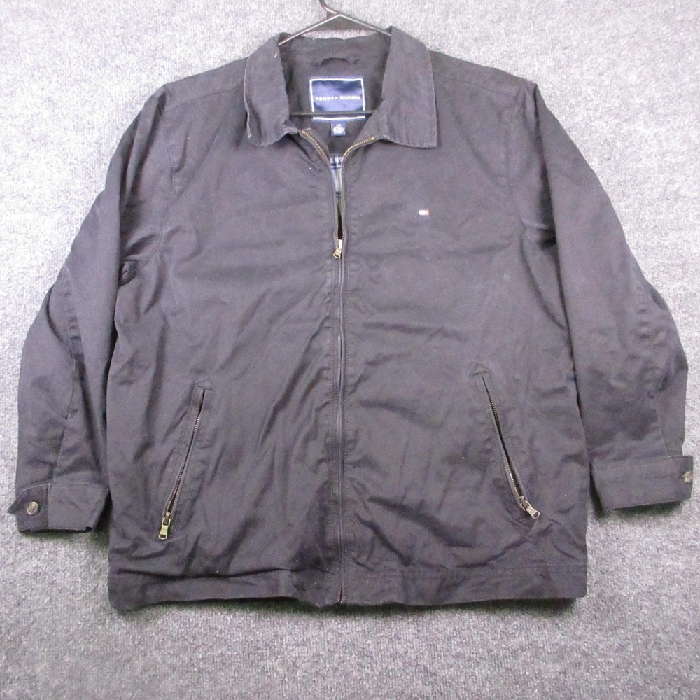 Tommy Hilfiger Jacket Mens Large Black Plaid Lined Windbreaker Full Zip Logo